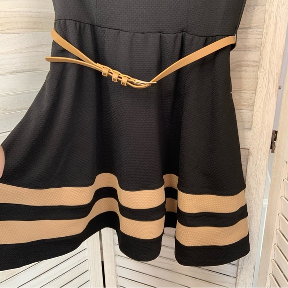 Sequin Hearts A Line Fit and Flare Belted Mini Dress Black and Tan Stripe 9 - Picture 7 of 11